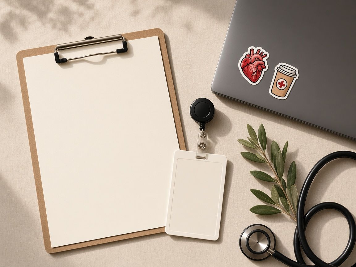 A clipboard and badge reel on linen, styled for MedicalStickers.shop
